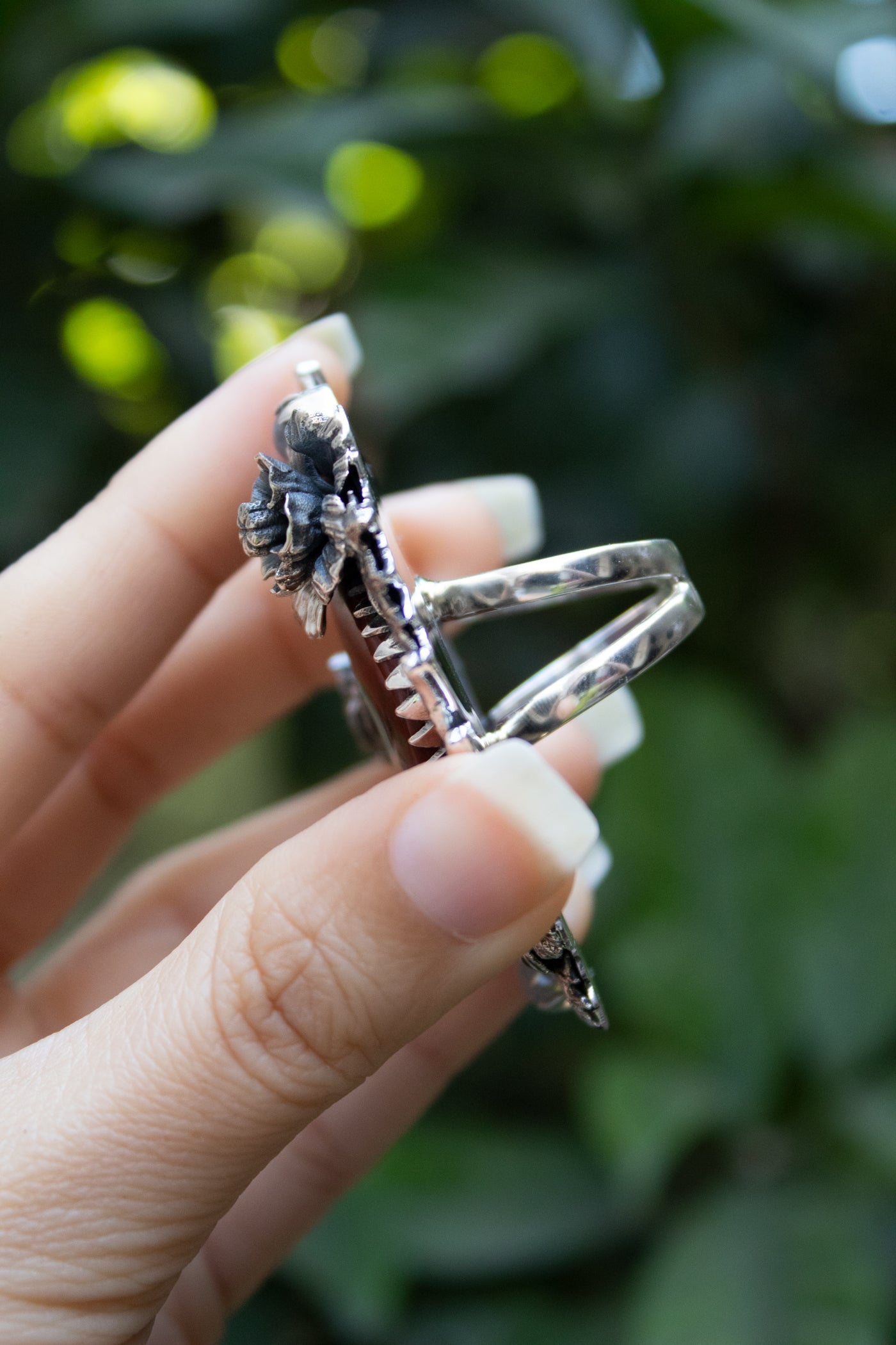 Earthbound Ember — Red Jasper & Moonstone Floral Ring, AR- 7462