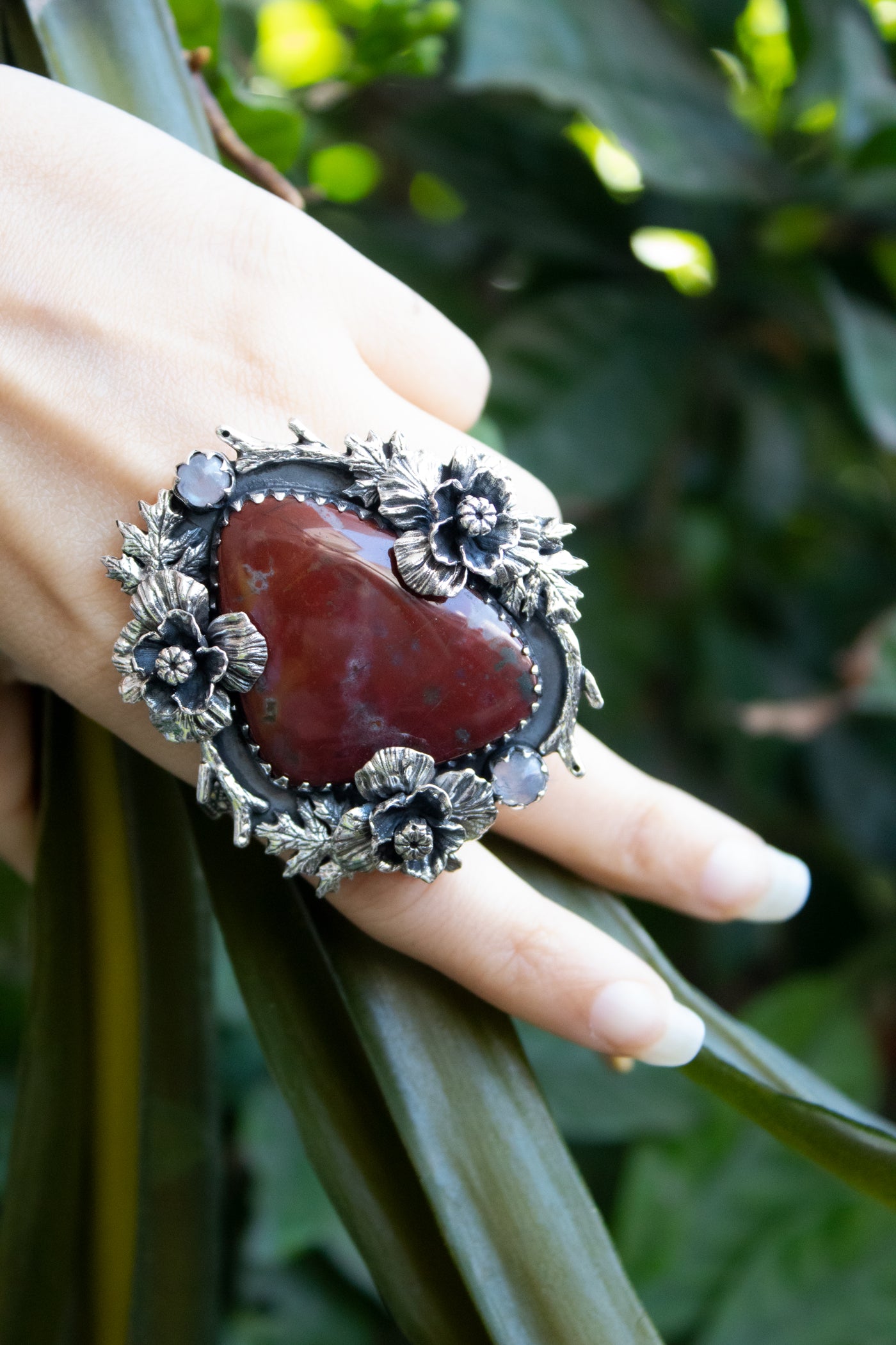 Earthbound Ember — Red Jasper & Moonstone Floral Ring, AR- 7462