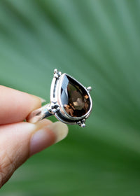 Natural Smokey Quartz Ring, Capricorn Birthstone, Brown Stone SKU 6068