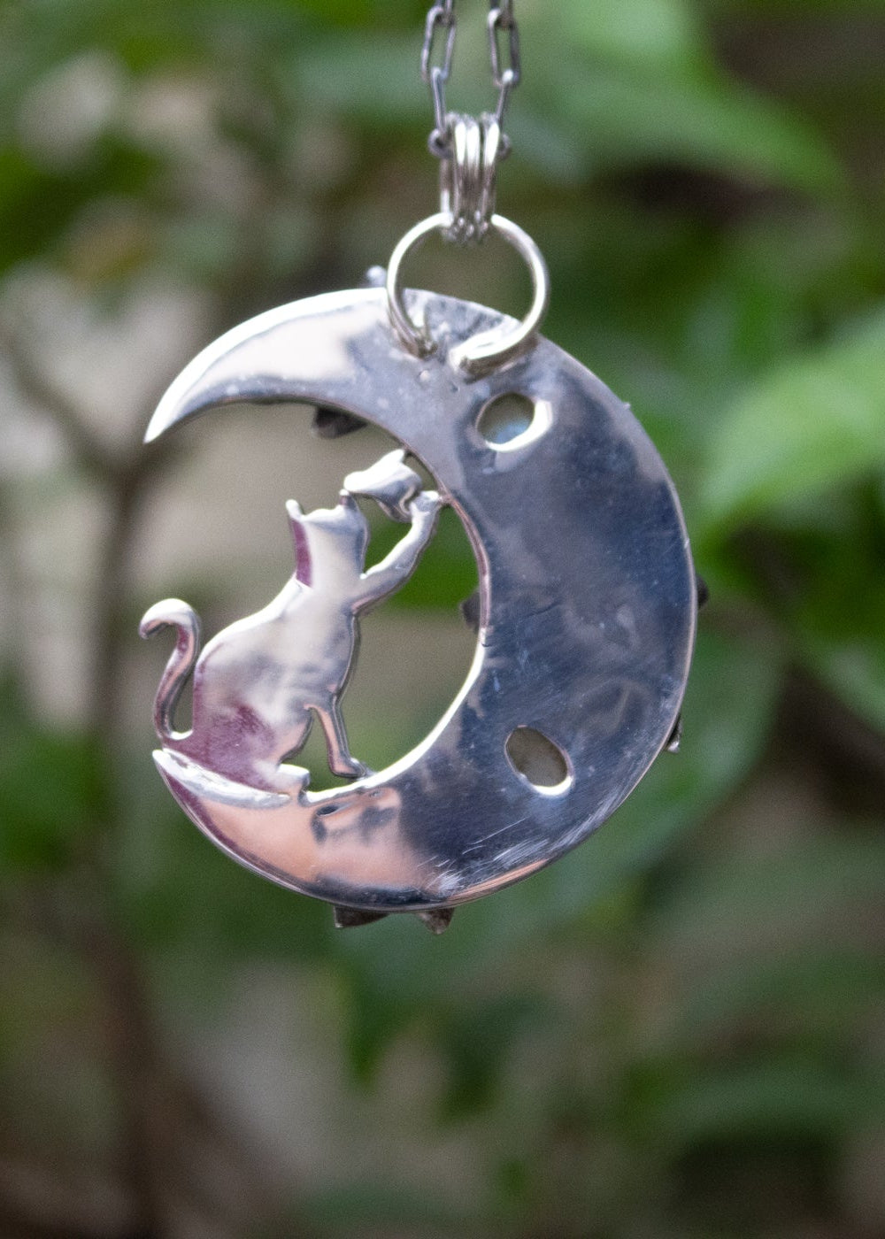 Lunar Sonata: Sterling Silver Half Moon Pendant with Cat, AP- 7032