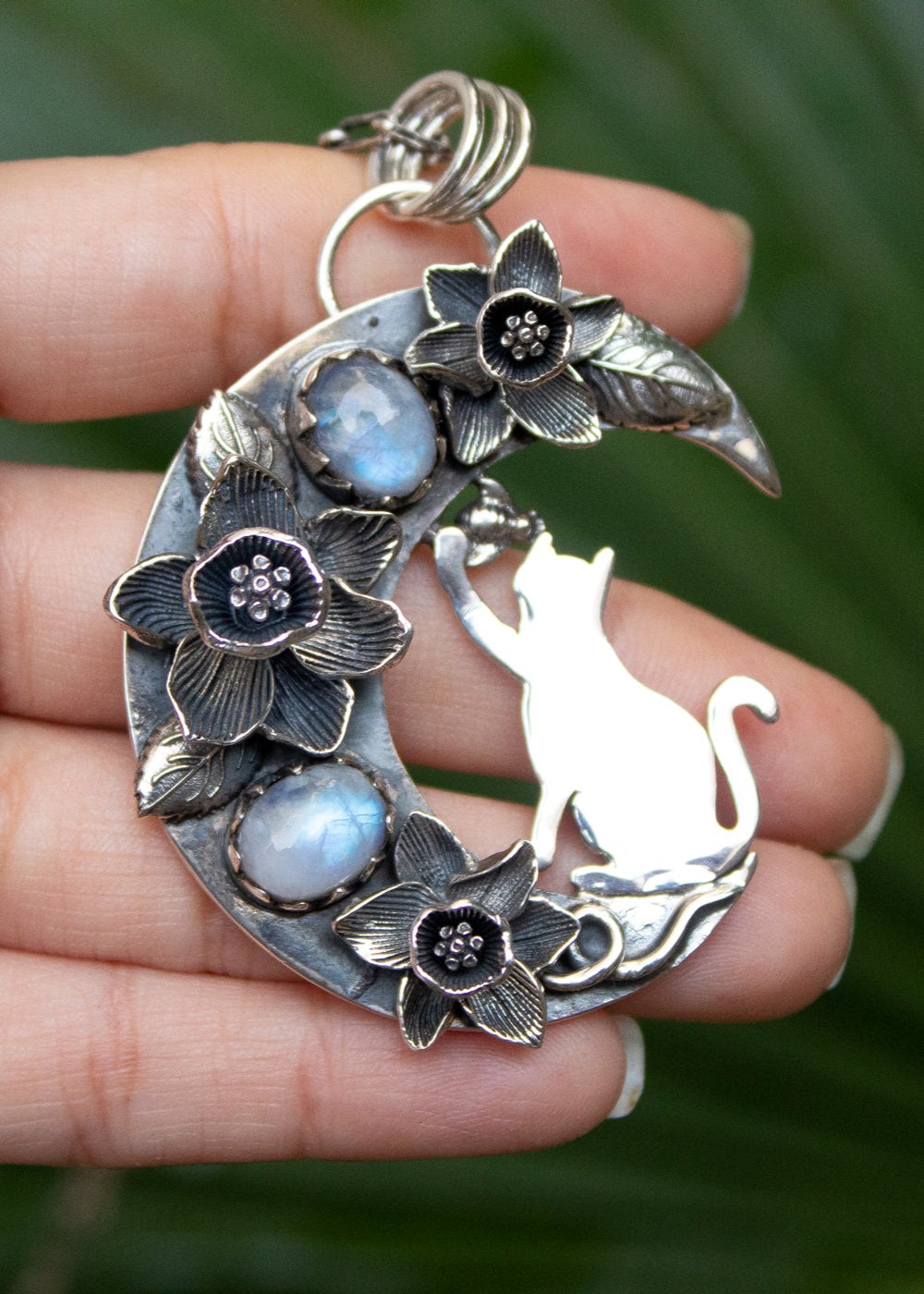 Lunar Sonata: Sterling Silver Half Moon Pendant with Cat, AP- 7032