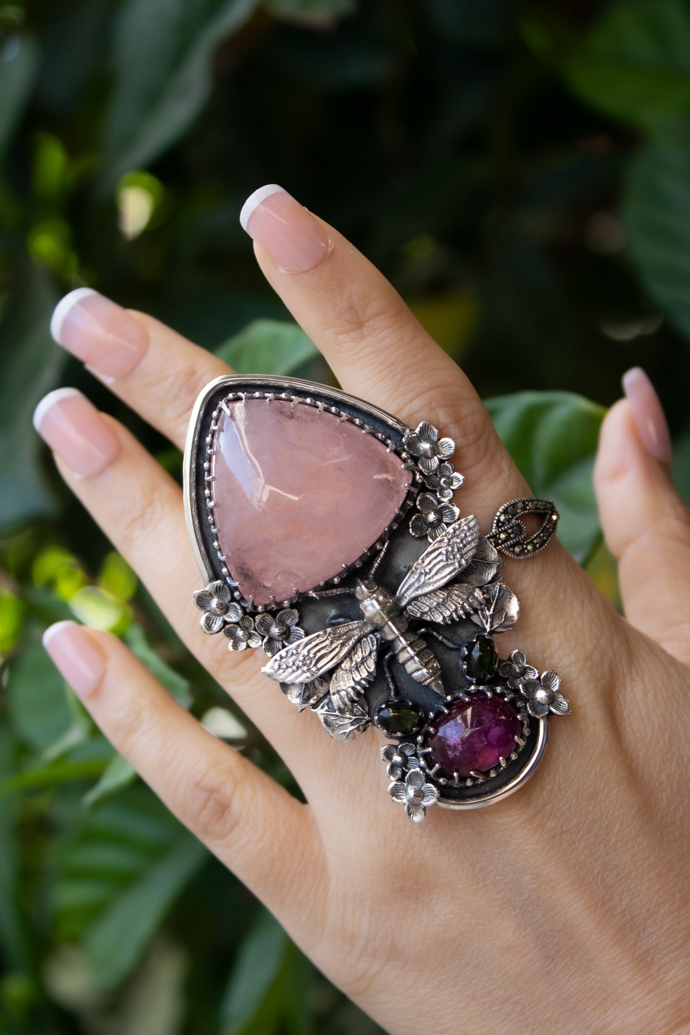 Garden of Grace: Pink Aquamarine & Tourmaline Ring, AR-7435