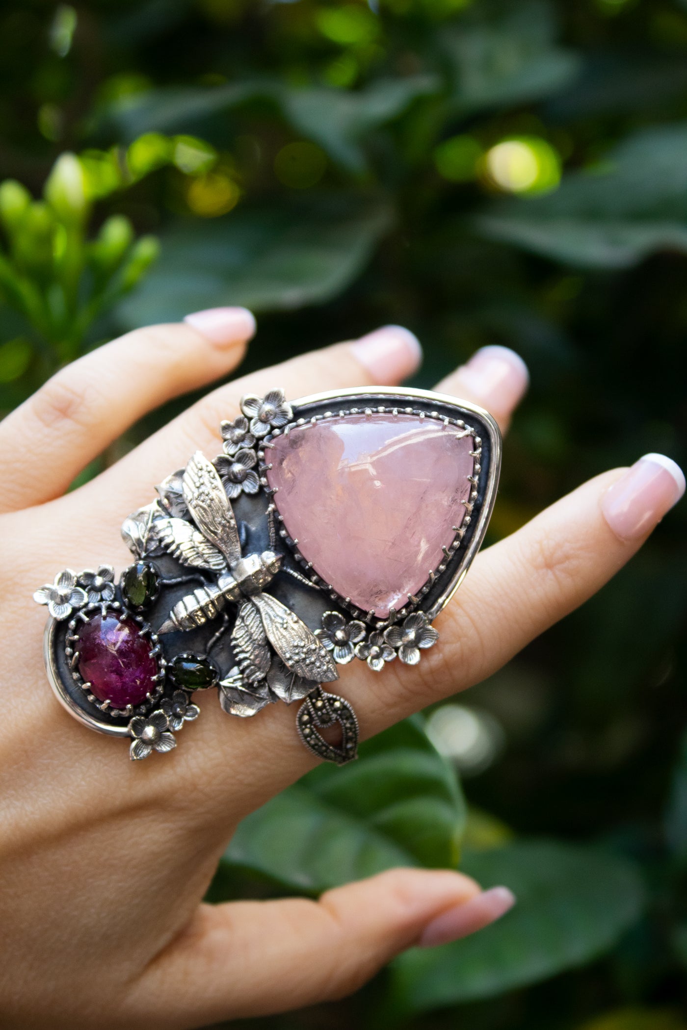 Garden of Grace: Pink Aquamarine & Tourmaline Ring, AR-7435