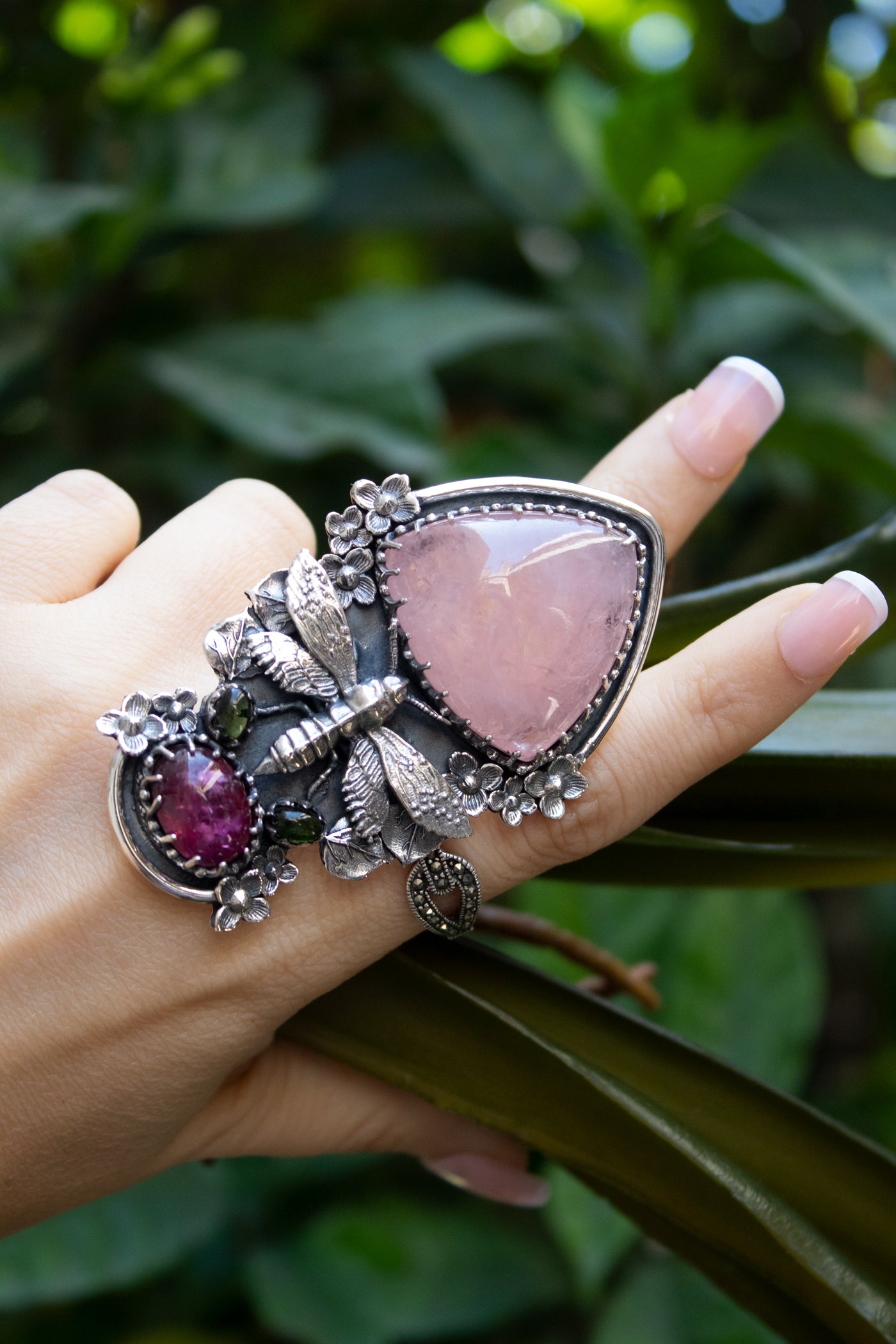 Garden of Grace: Pink Aquamarine & Tourmaline Ring, AR-7435