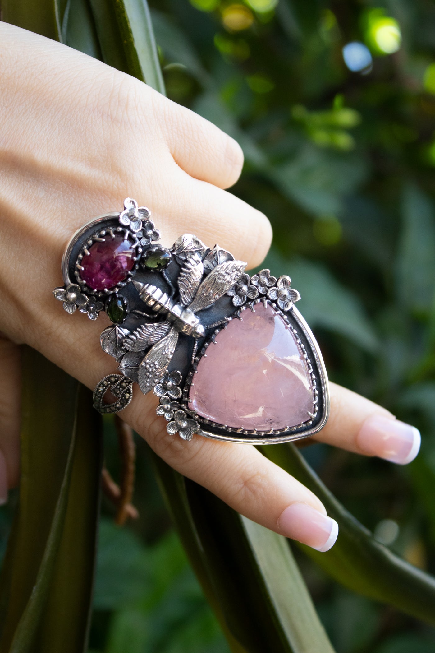 Garden of Grace: Pink Aquamarine & Tourmaline Ring, AR-7435