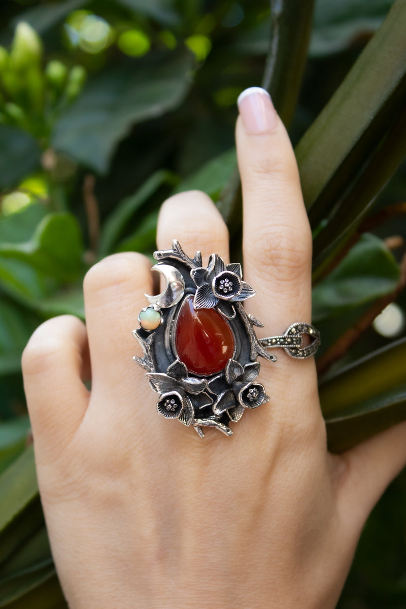 Anillo de piedras preciosas ovaladas de cornalina natural, piedra natal de agosto, piedra naranja, banda retorcida, SKU 6246