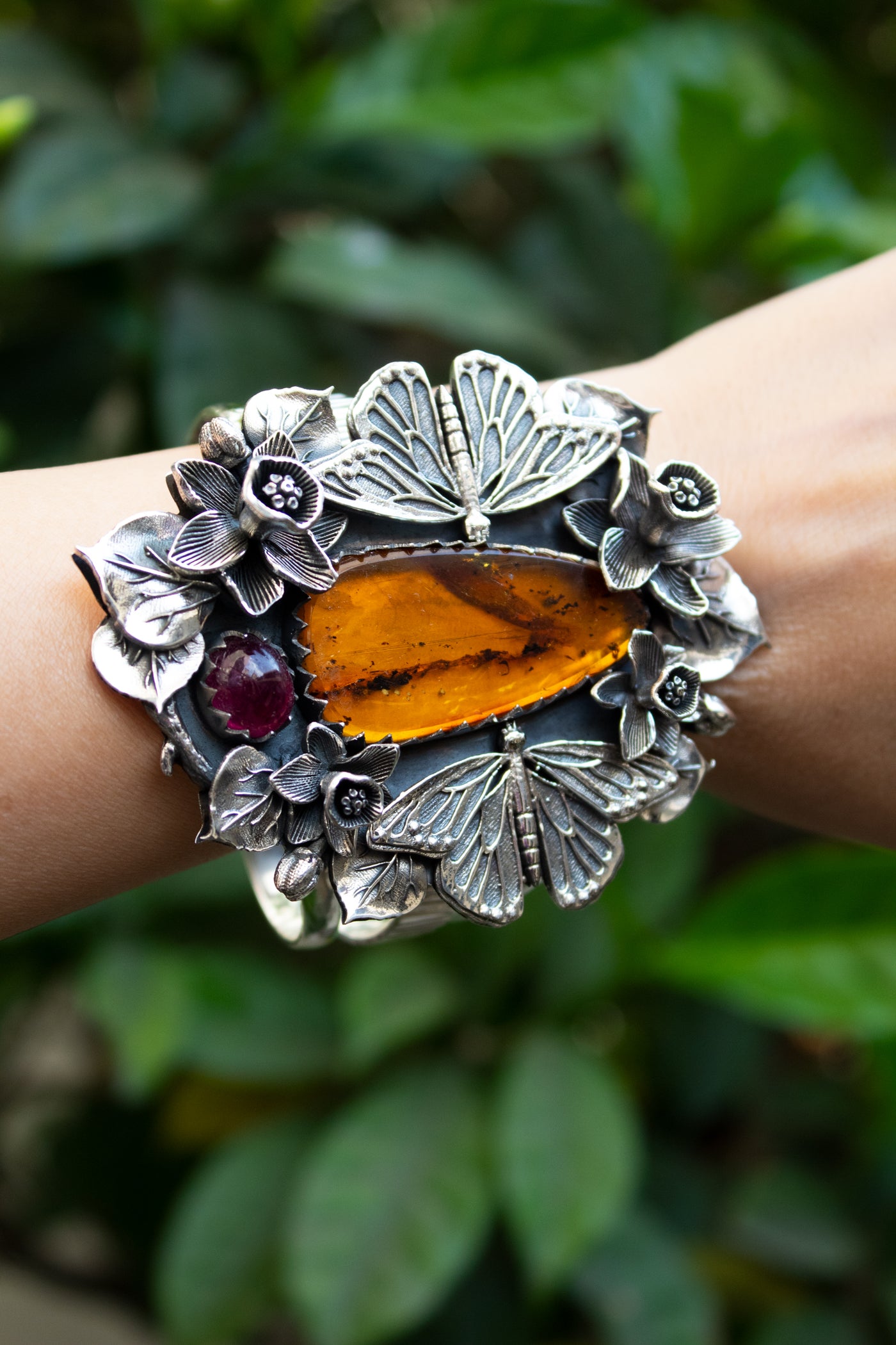 Wings of the Ember Garden — Amber & Tourmaline Botanical Cuff, AR- 7467