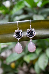 Petals of the Heart — Rose Quartz & Silver Rose Earrings, AR- 7465