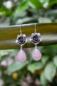 Petals of the Heart — Rose Quartz & Silver Rose Earrings, AR- 7465