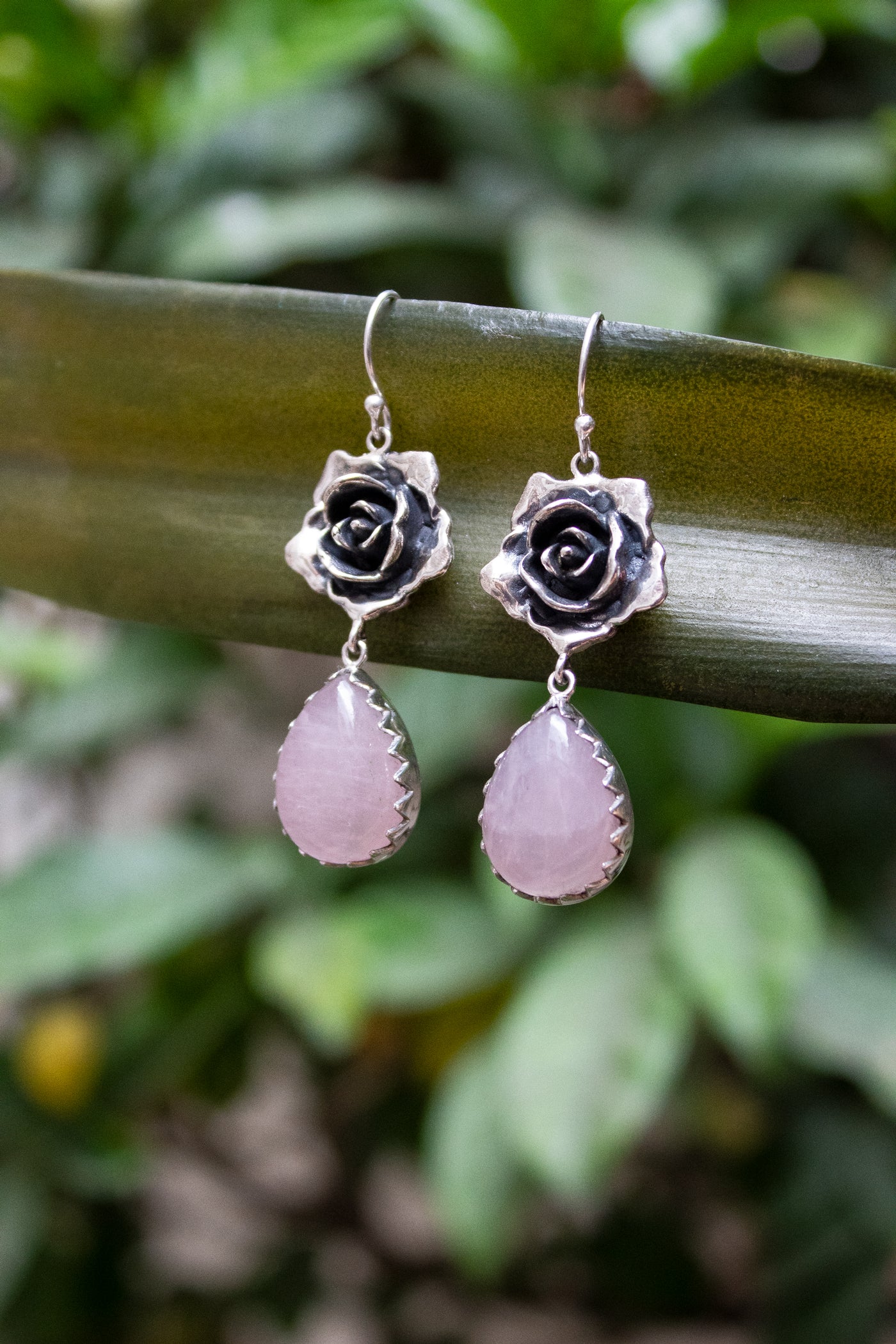 Petals of the Heart — Rose Quartz & Silver Rose Earrings, AR- 7465