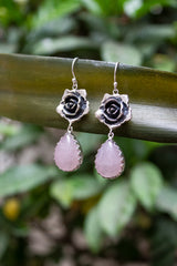 Petals of the Heart — Rose Quartz & Silver Rose Earrings, AR- 7465