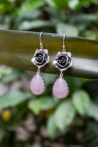 Petals of the Heart — Rose Quartz & Silver Rose Earrings, AR- 7465