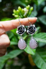Petals of the Heart — Rose Quartz & Silver Rose Earrings, AR- 7465