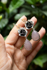 Petals of the Heart — Rose Quartz & Silver Rose Earrings, AR- 7465