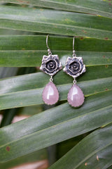 Petals of the Heart — Rose Quartz & Silver Rose Earrings, AR- 7465