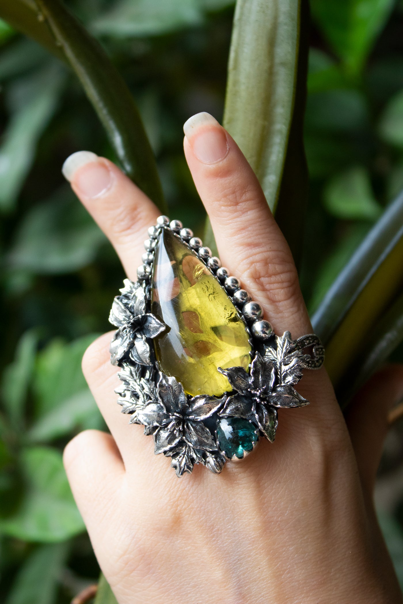 Anillo Cuarzo Limón &amp; Turmalina Verde &amp; Piedra Lunar
