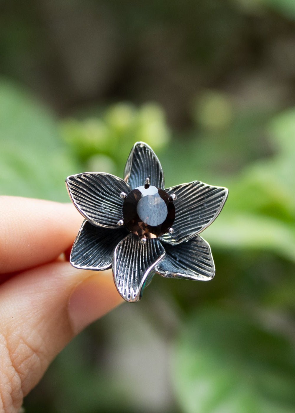 Whispering Petals: Smokey Quartz Sterling Silver Blossom Ring,AR-7441