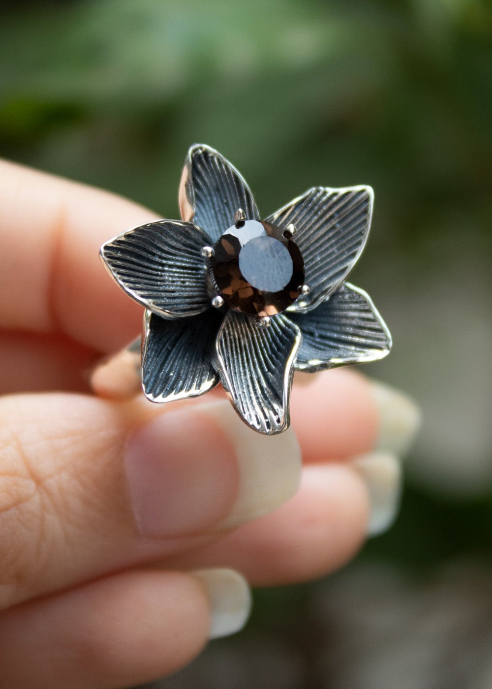 Whispering Petals: Smokey Quartz Sterling Silver Blossom Ring,AR-7441