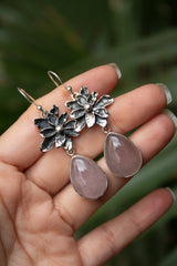 Blush in Bloom" — Rose Quartz & Silver Blossom Earrings, AR- 7466
