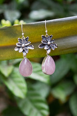 Blush in Bloom" — Rose Quartz & Silver Blossom Earrings, AR- 7466