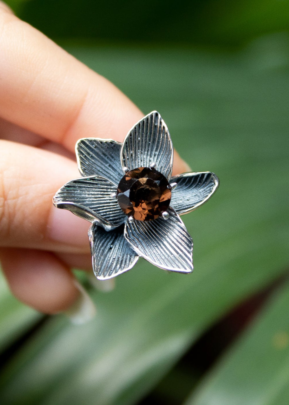 Whispering Petals: Smokey Quartz Sterling Silver Blossom Ring,AR-7441