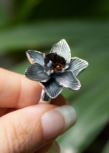 Whispering Petals: Smokey Quartz Sterling Silver Blossom Ring,AR-7441