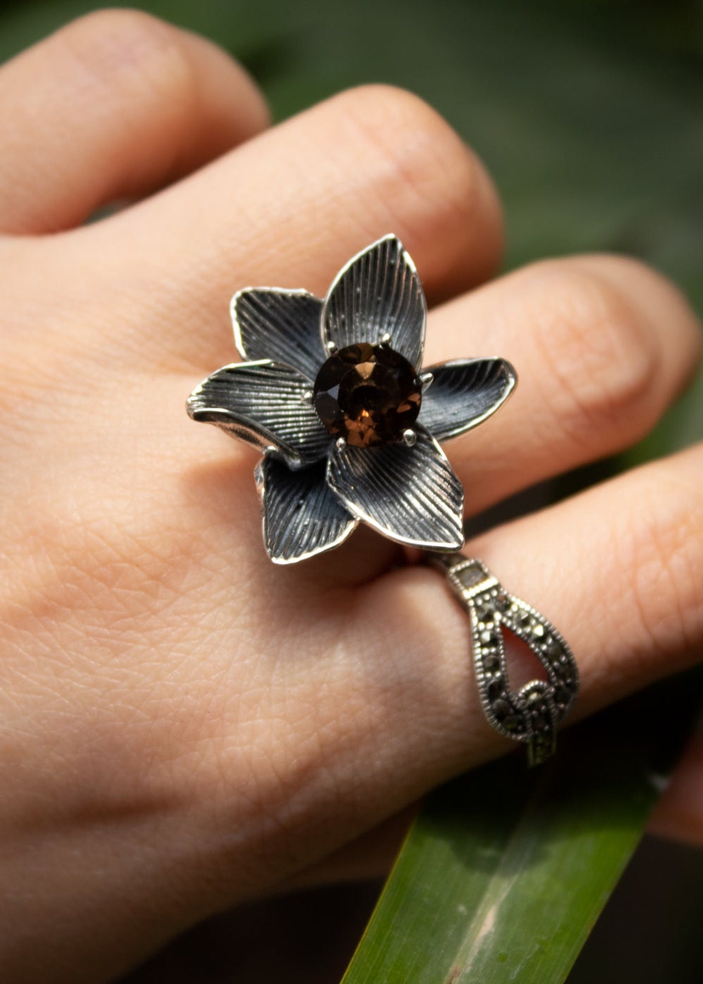 Whispering Petals: Smokey Quartz Sterling Silver Blossom Ring,AR-7441