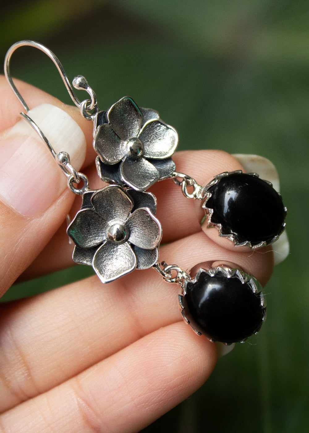 Black Onyx Floral Drop Earrings AE-7075