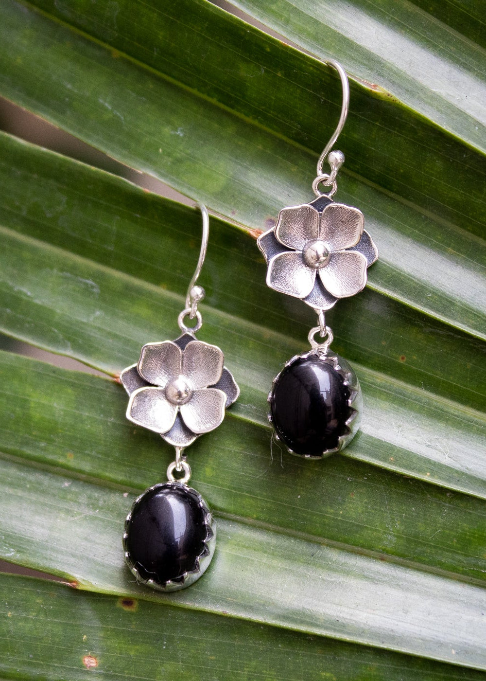 Black Onyx Floral Drop Earrings AE-7075