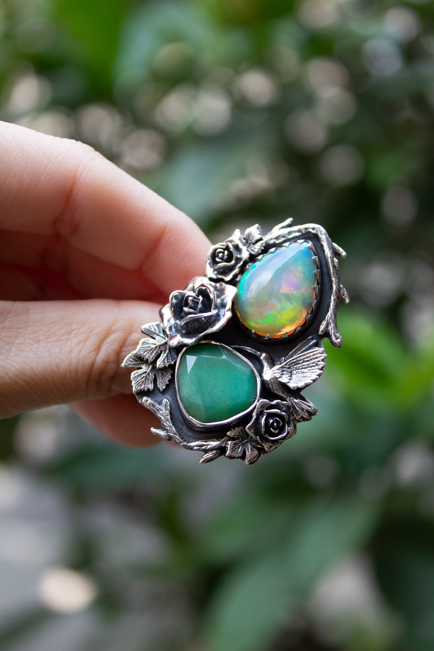 Garden of Hidden Light" — Opal & Chrysoprase Botanical Ring