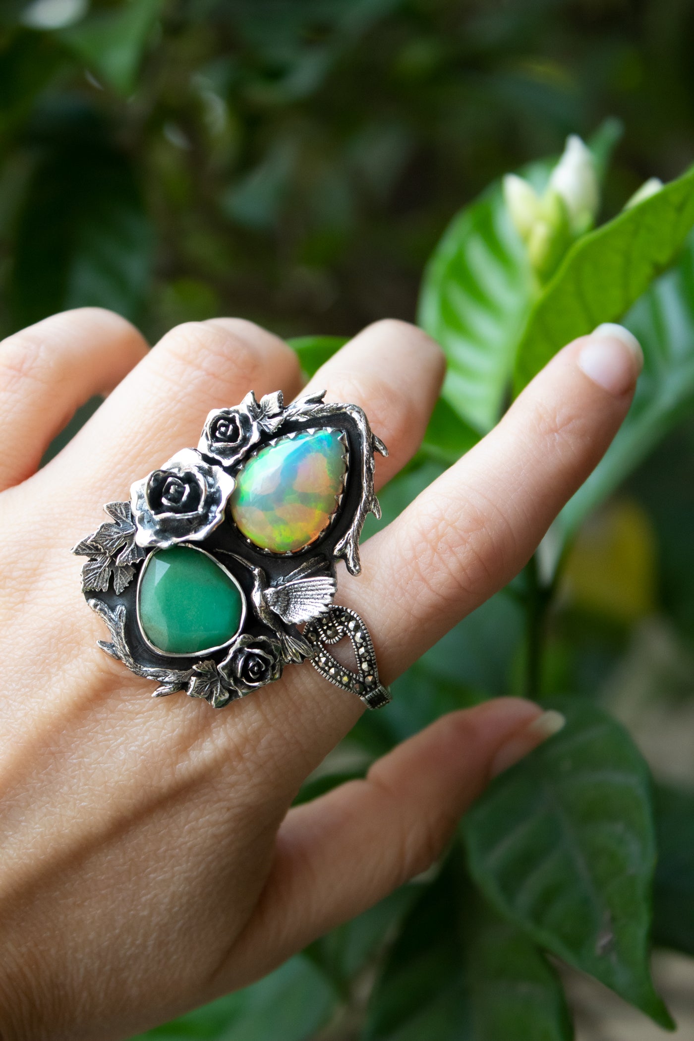 Garden of Hidden Light" — Opal & Chrysoprase Botanical Ring