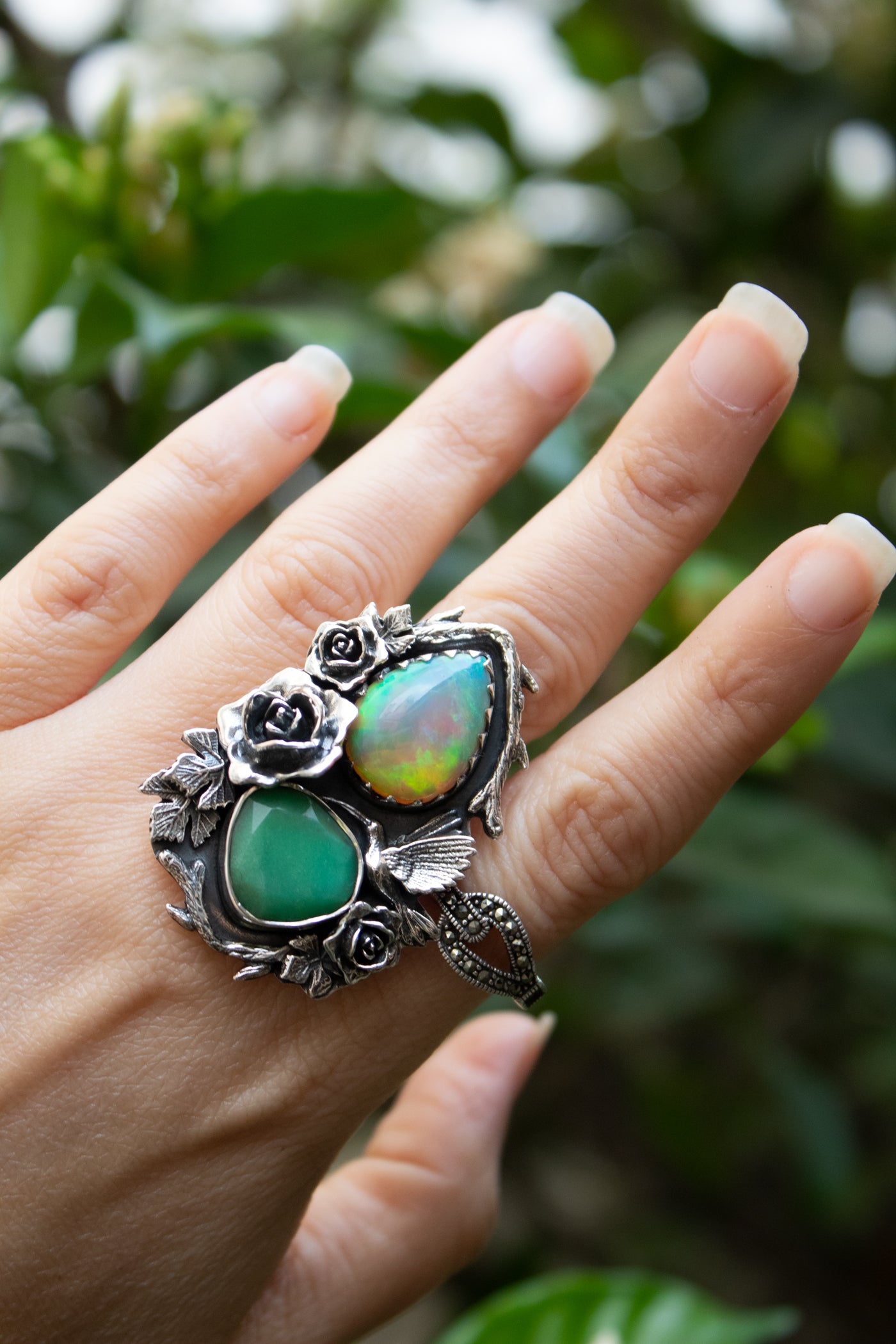 Garden of Hidden Light" — Opal & Chrysoprase Botanical Ring