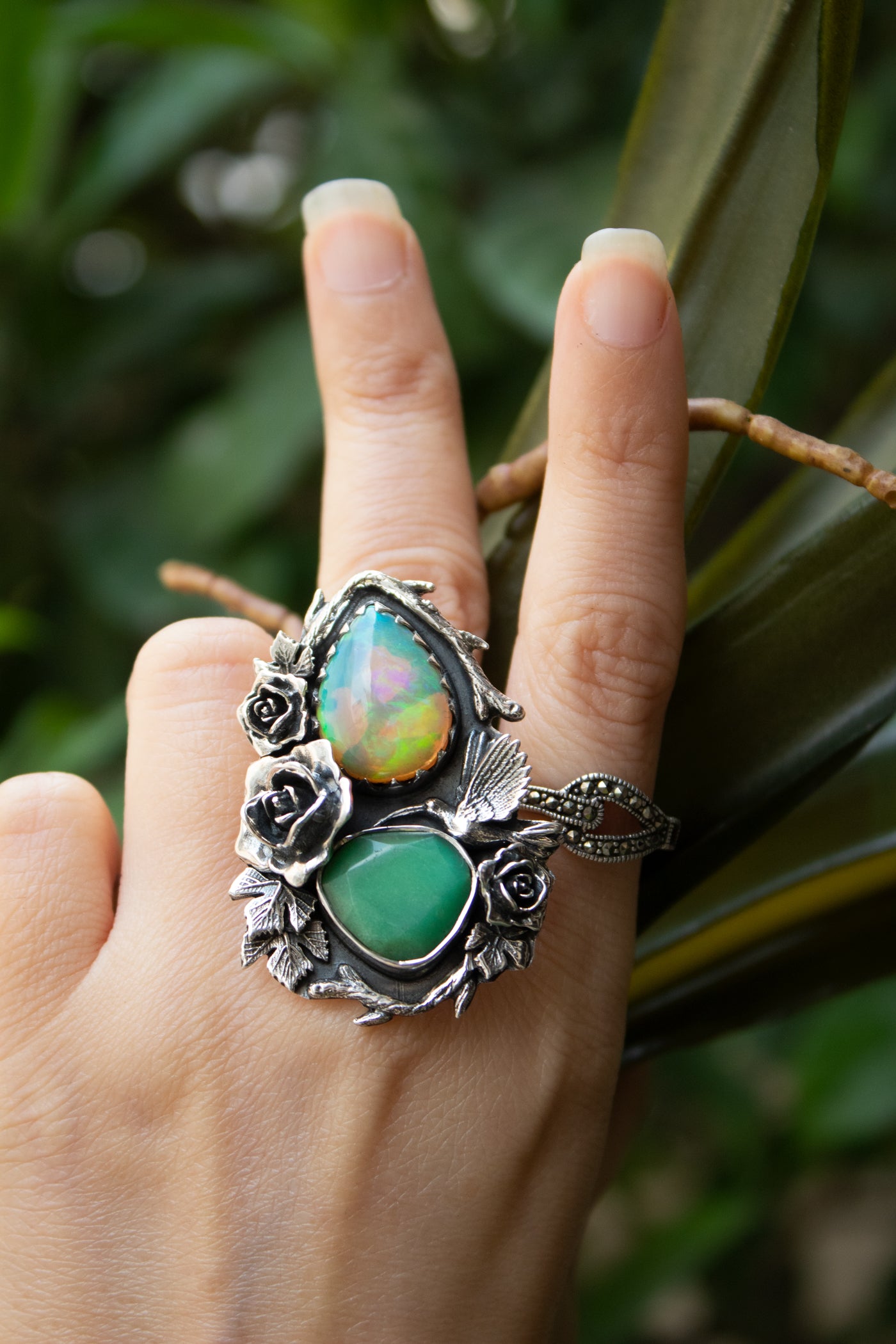 Garden of Hidden Light" — Opal & Chrysoprase Botanical Ring