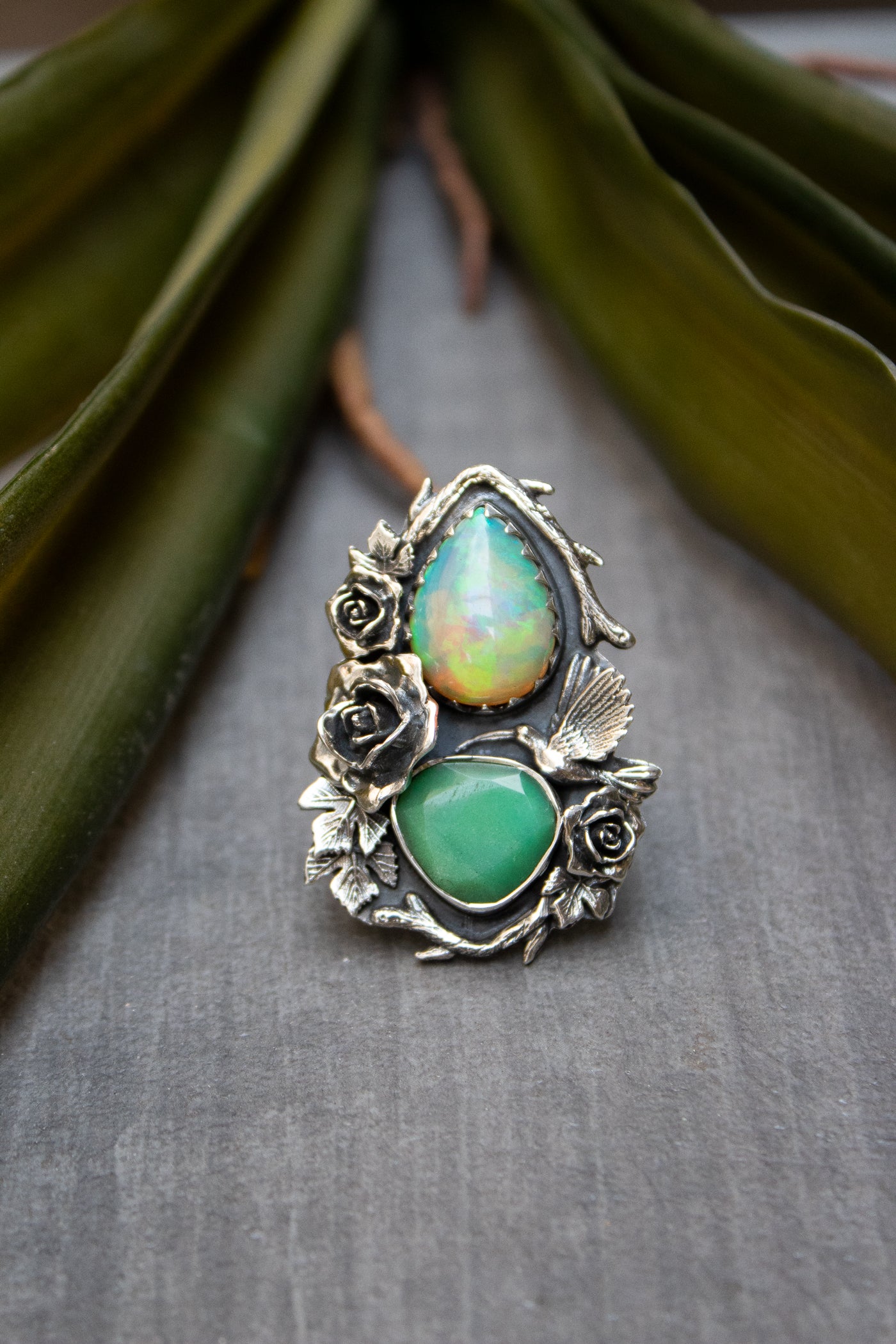 Garden of Hidden Light" — Opal & Chrysoprase Botanical Ring
