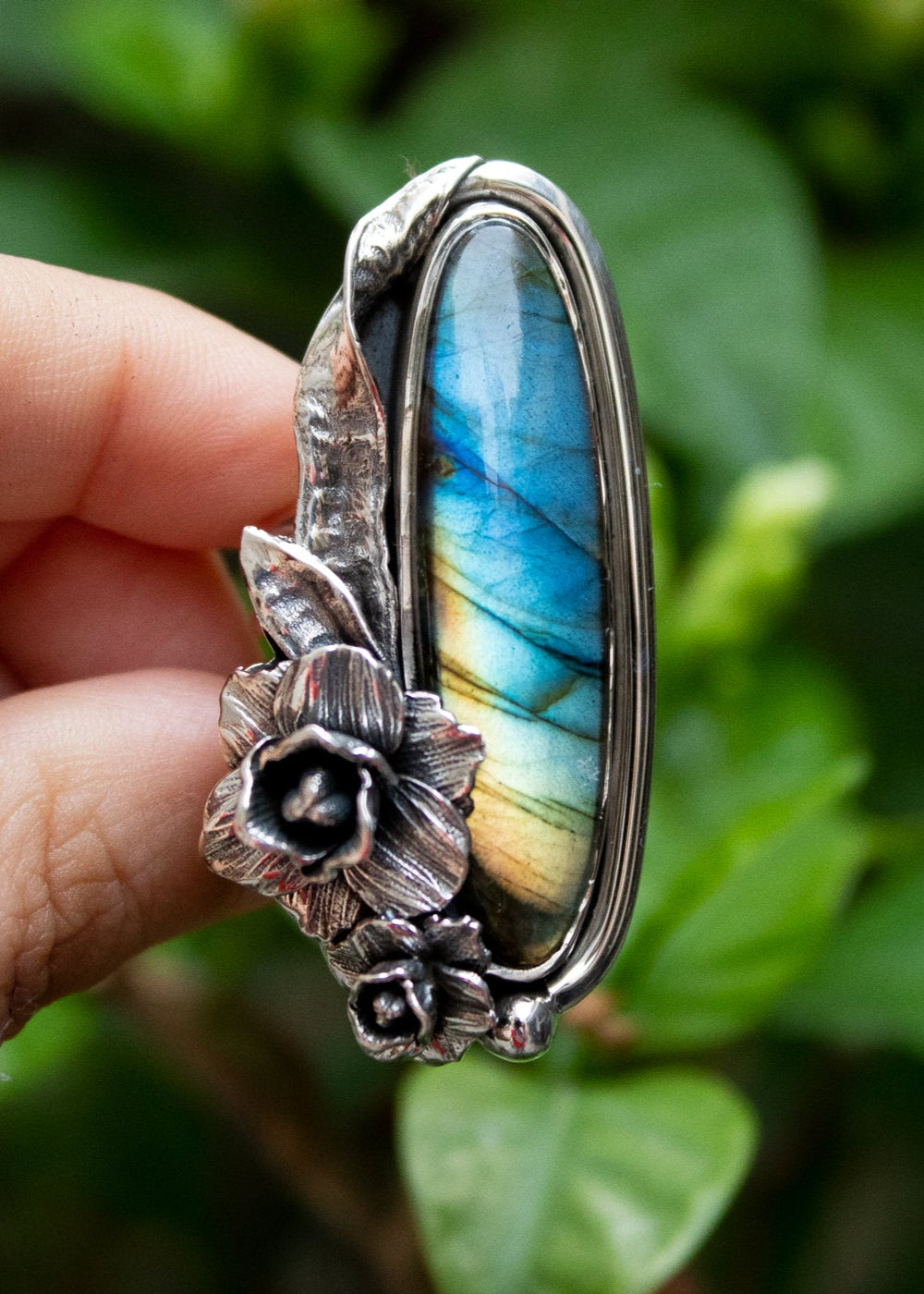 Anneau de Labradorite, anneau de pierre gemme de Labradorite de feu bleu, AR-1207