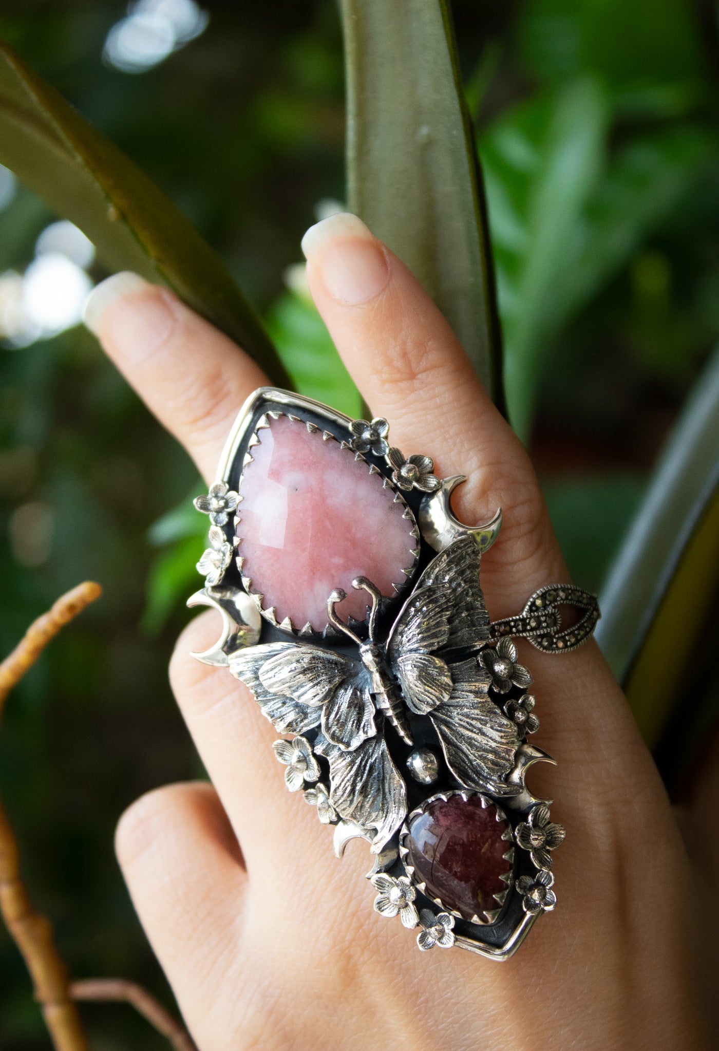 Blushwing Garden — Pink Opal & Tourmaline Butterfly Ring, AR-7472