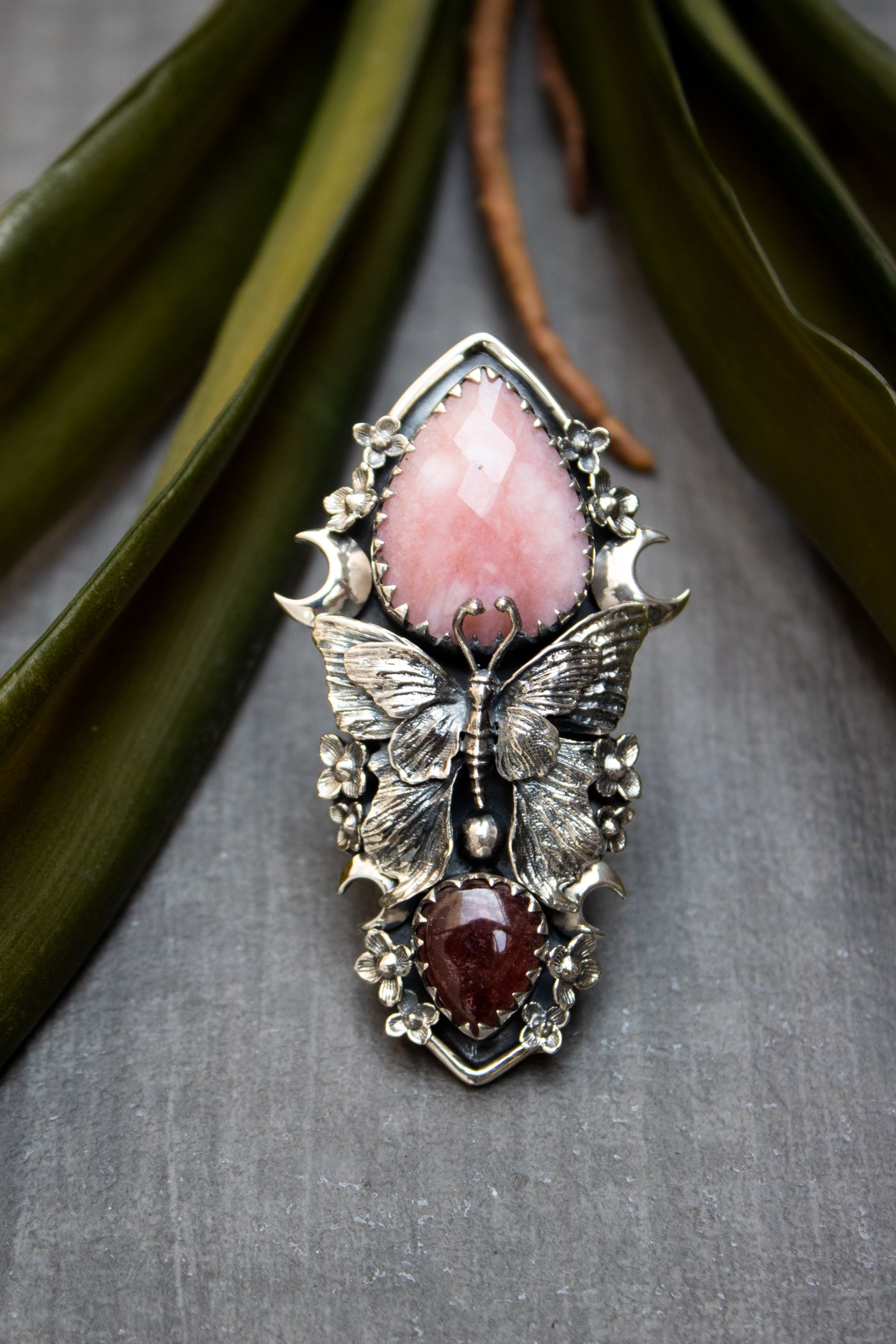 Blushwing Garden — Pink Opal & Tourmaline Butterfly Ring, AR-7472