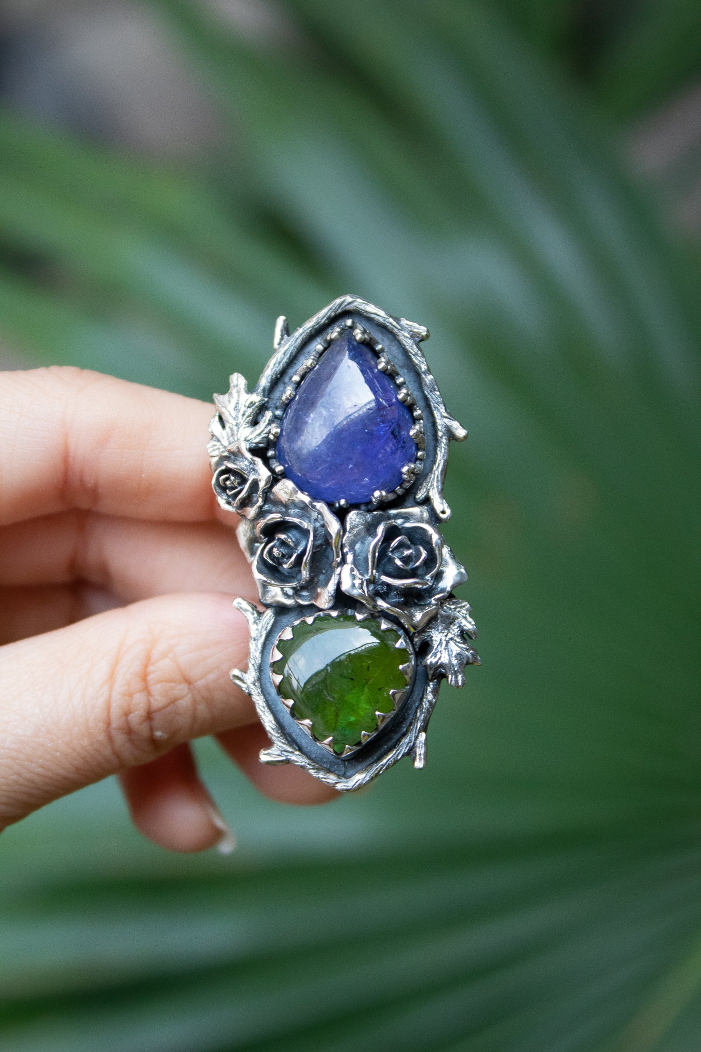 Wild Rosarium — Tanzanite & Green Tourmaline Botanical Ring, AR-7471