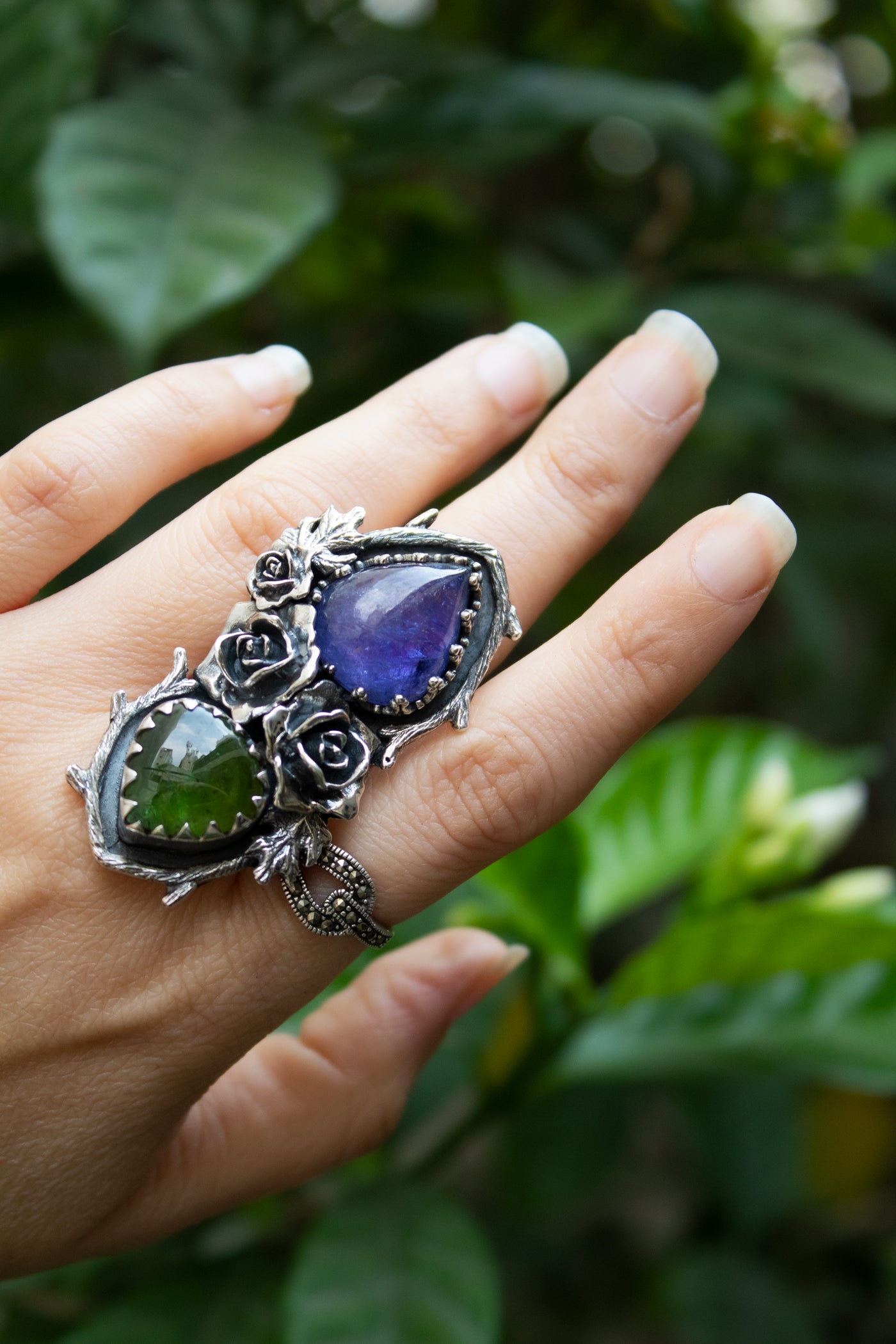 Wild Rosarium — Tanzanite & Green Tourmaline Botanical Ring, AR-7471