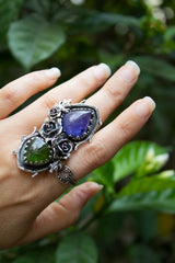 Wild Rosarium — Tanzanite & Green Tourmaline Botanical Ring, AR-7471