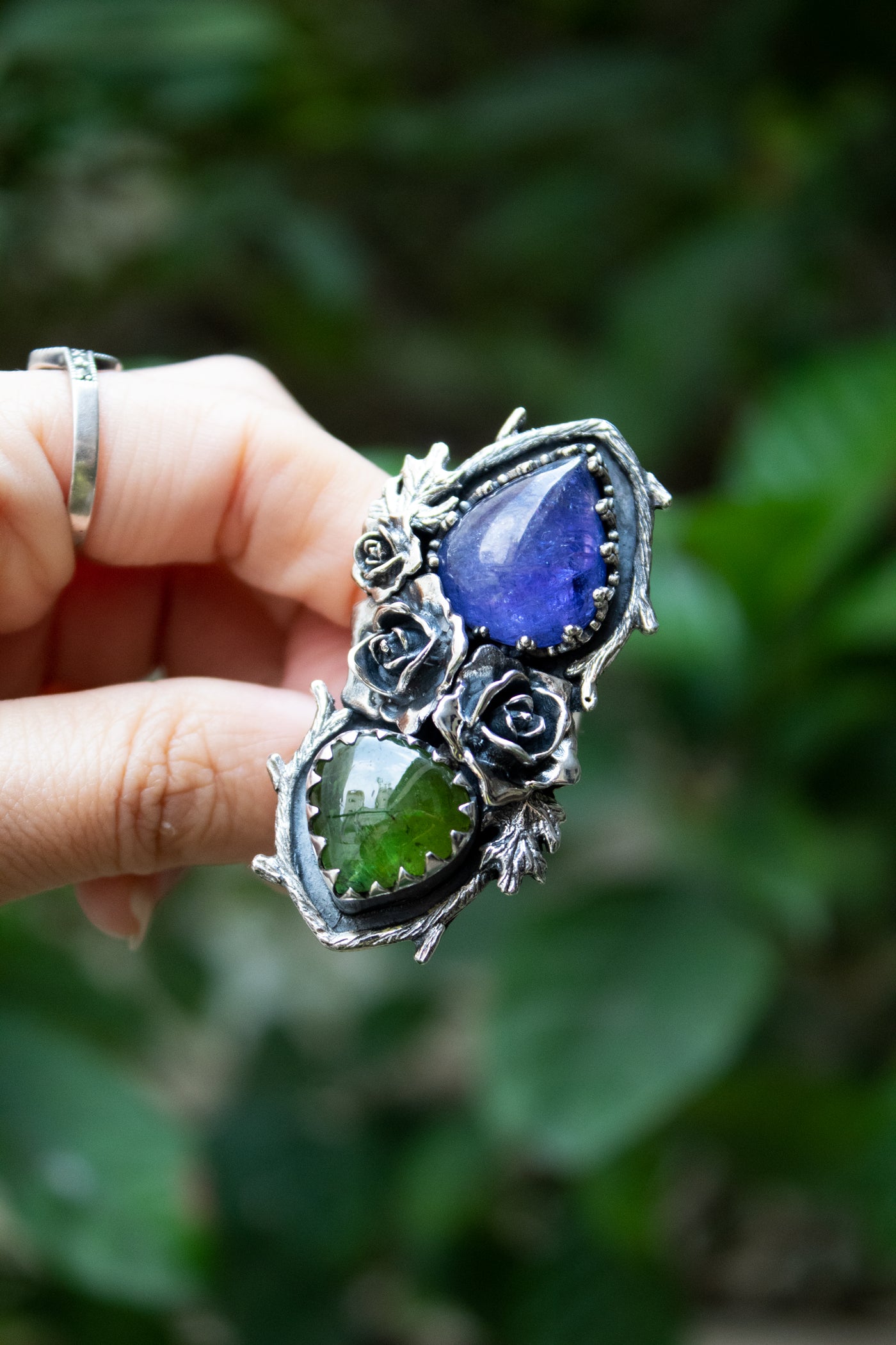 Wild Rosarium — Tanzanite & Green Tourmaline Botanical Ring, AR-7471