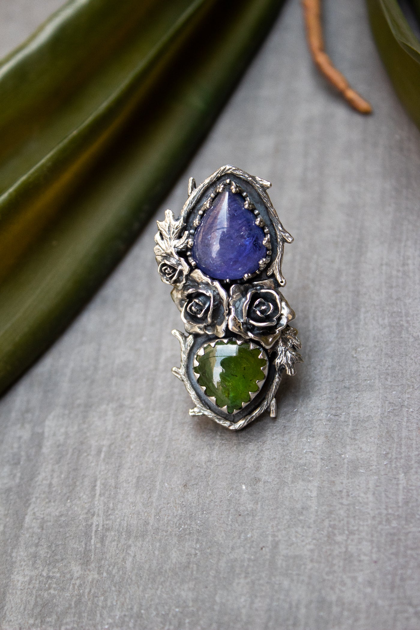 Wild Rosarium — Tanzanite & Green Tourmaline Botanical Ring, AR-7471