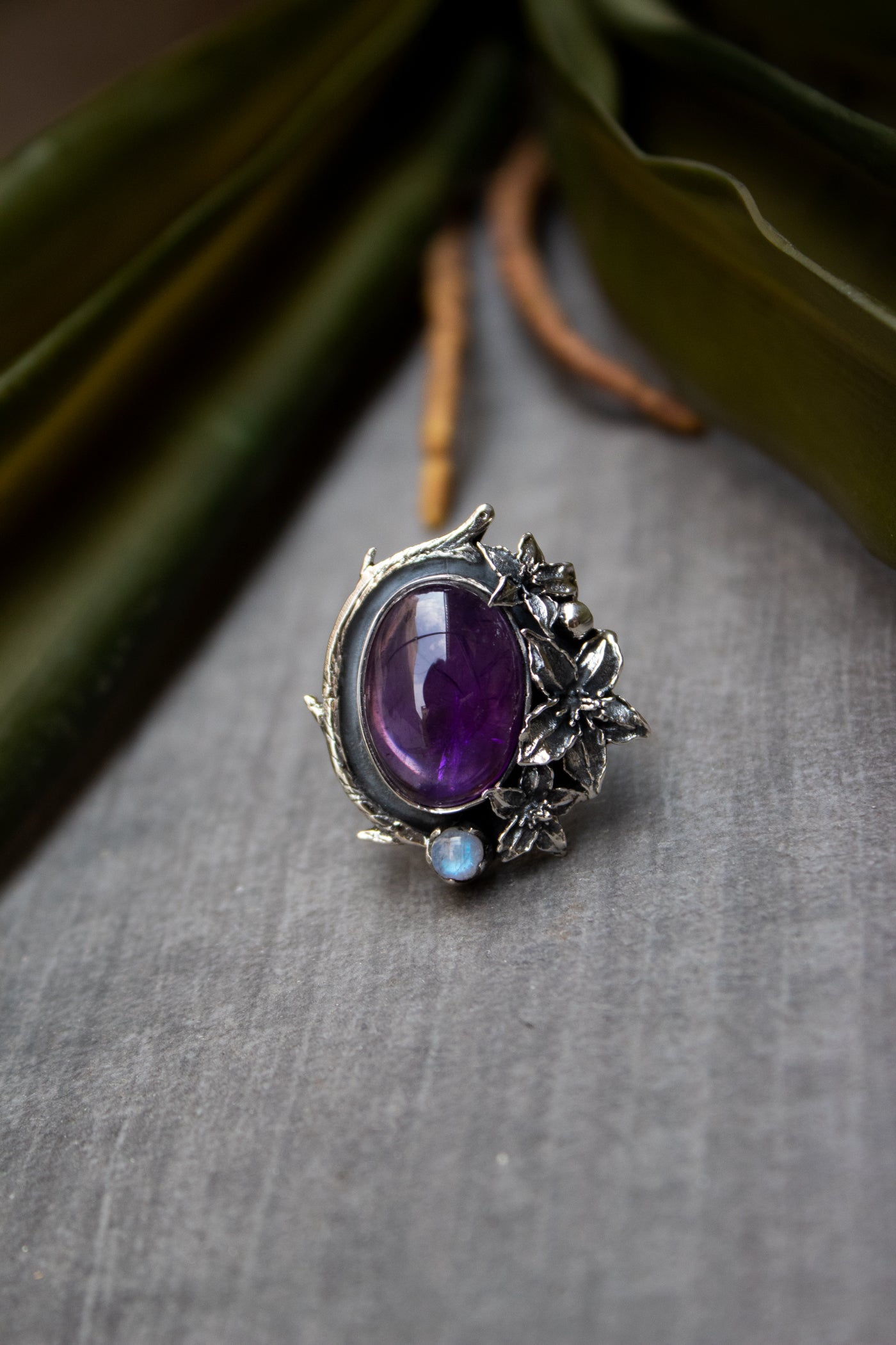 Moonlit Vines — Amethyst & Moonstone Floral Ring, AR-7478