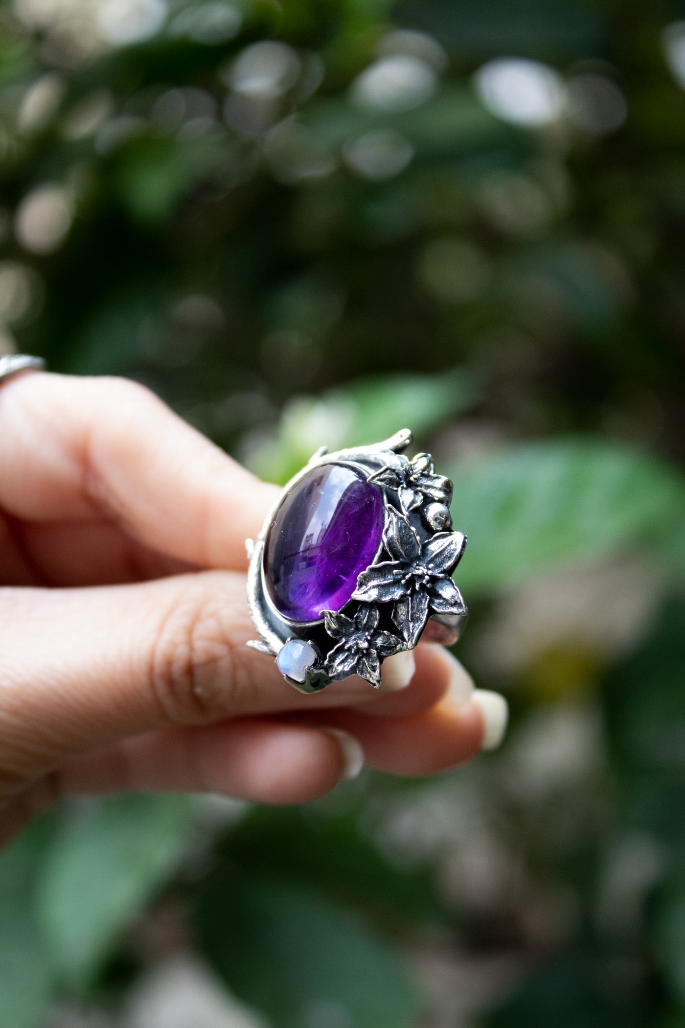 Moonlit Vines — Amethyst & Moonstone Floral Ring, AR-7478