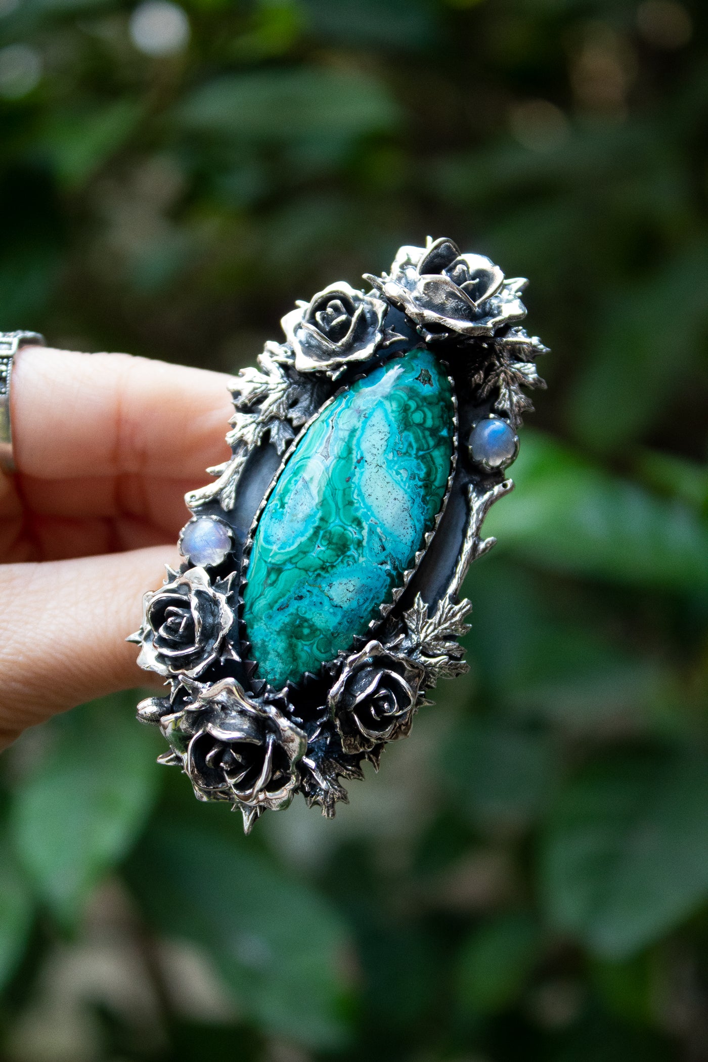 Verdant Serenity — Chrysocolla & Moonstone Rose Ring, AR- 7474