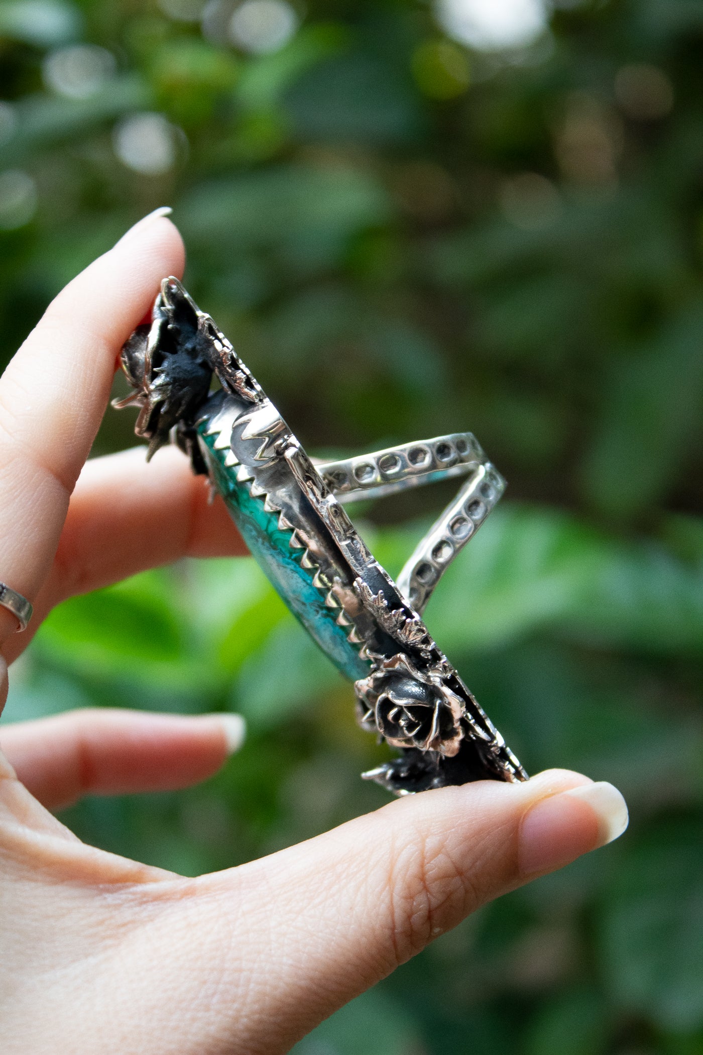 Verdant Serenity — Chrysocolla & Moonstone Rose Ring, AR- 7474
