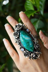 Verdant Serenity — Chrysocolla & Moonstone Rose Ring, AR- 7474