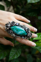Verdant Serenity — Chrysocolla & Moonstone Rose Ring, AR- 7474
