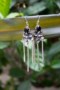 Nocturne Bloom – Handcrafted Black Onyx Floral Dangle Earrings, AE- 7589