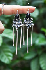 Nocturne Bloom – Handcrafted Black Onyx Floral Dangle Earrings, AE- 7589